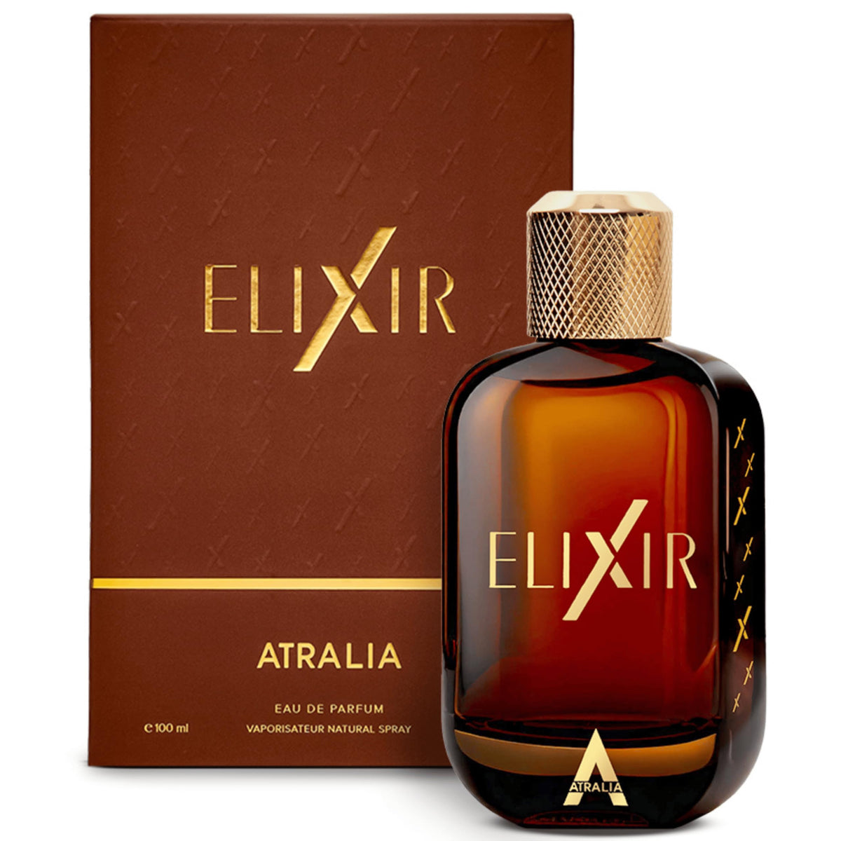Atralia Elixir bottle front view highlighting premium branding and timeless elegance.