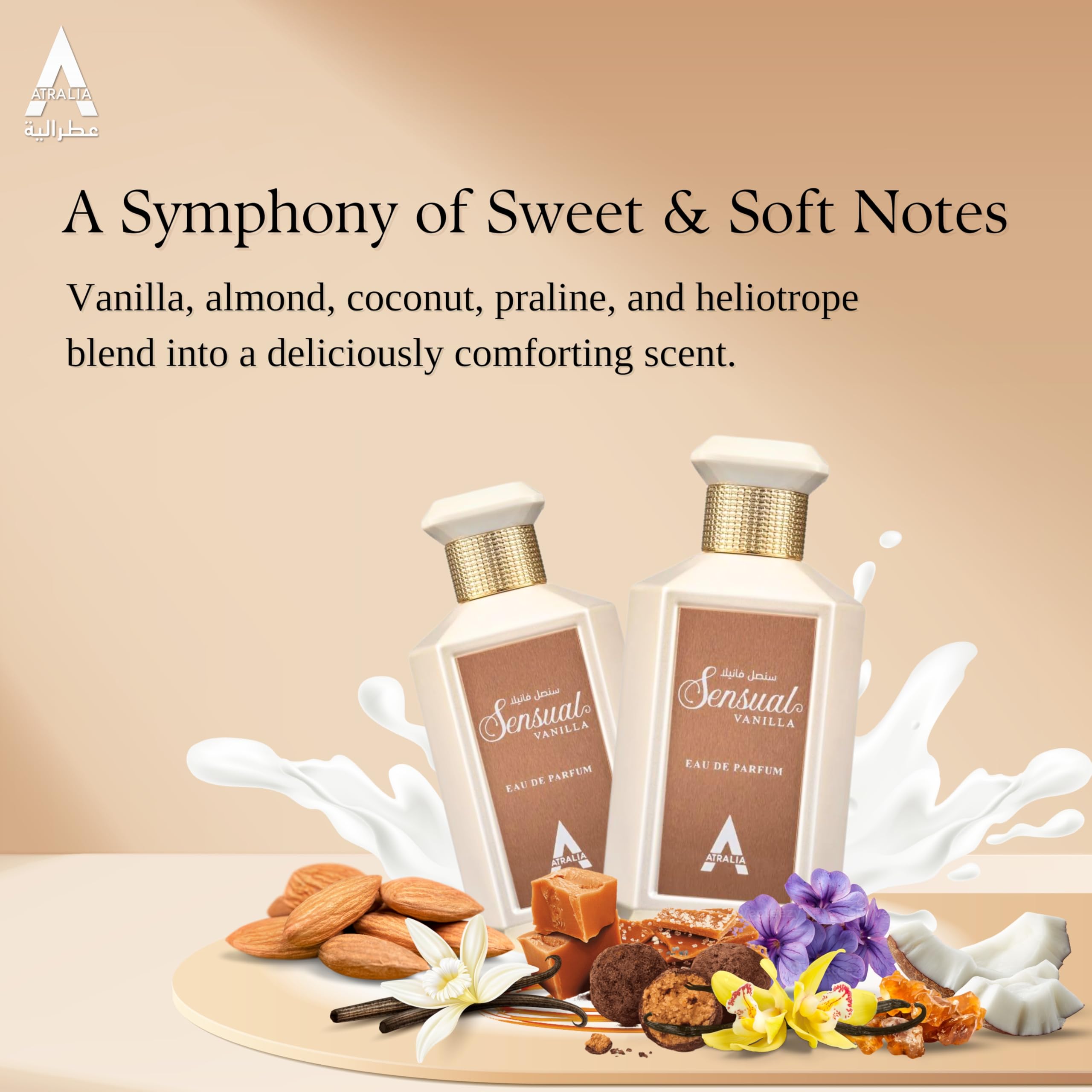 Close-up of Atralia Sensual Vanilla EDP highlighting almond and coconut notes.