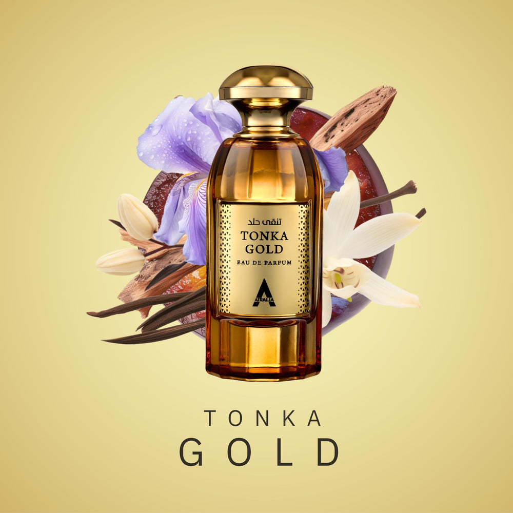 Atralia Tonka Gold bottle close-up highlighting gold detailing and premium craftsmanship.
