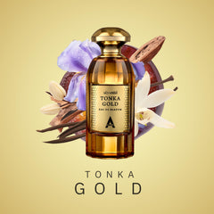 Atralia Tonka Gold bottle close-up highlighting gold detailing and premium craftsmanship.