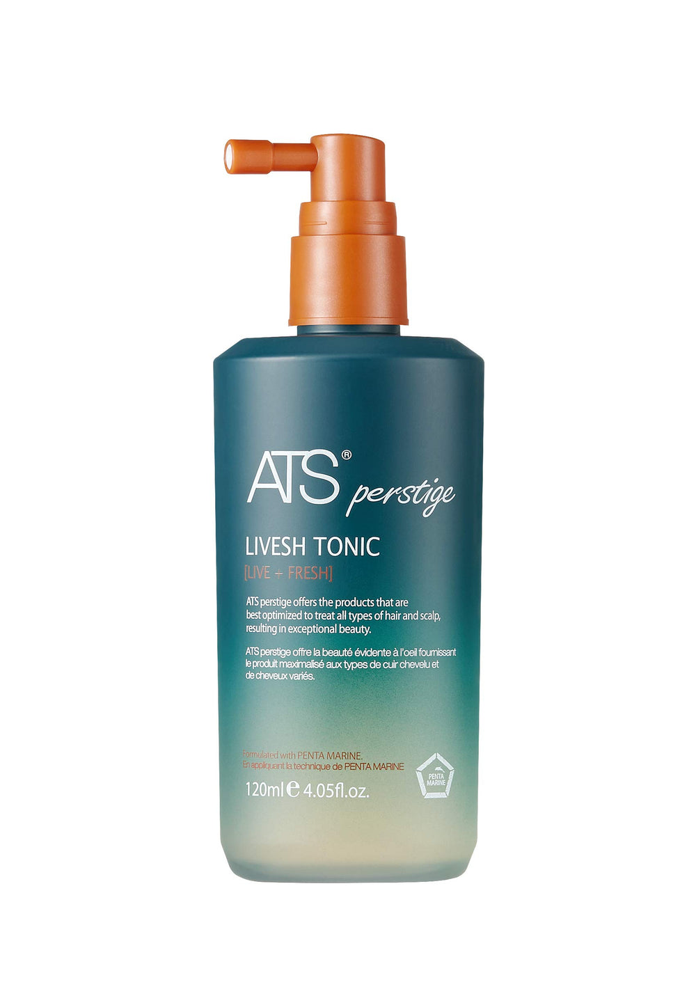ATS Perstige Livesh Tonic bottle showing the refreshing marine formula for healthier-looking hair