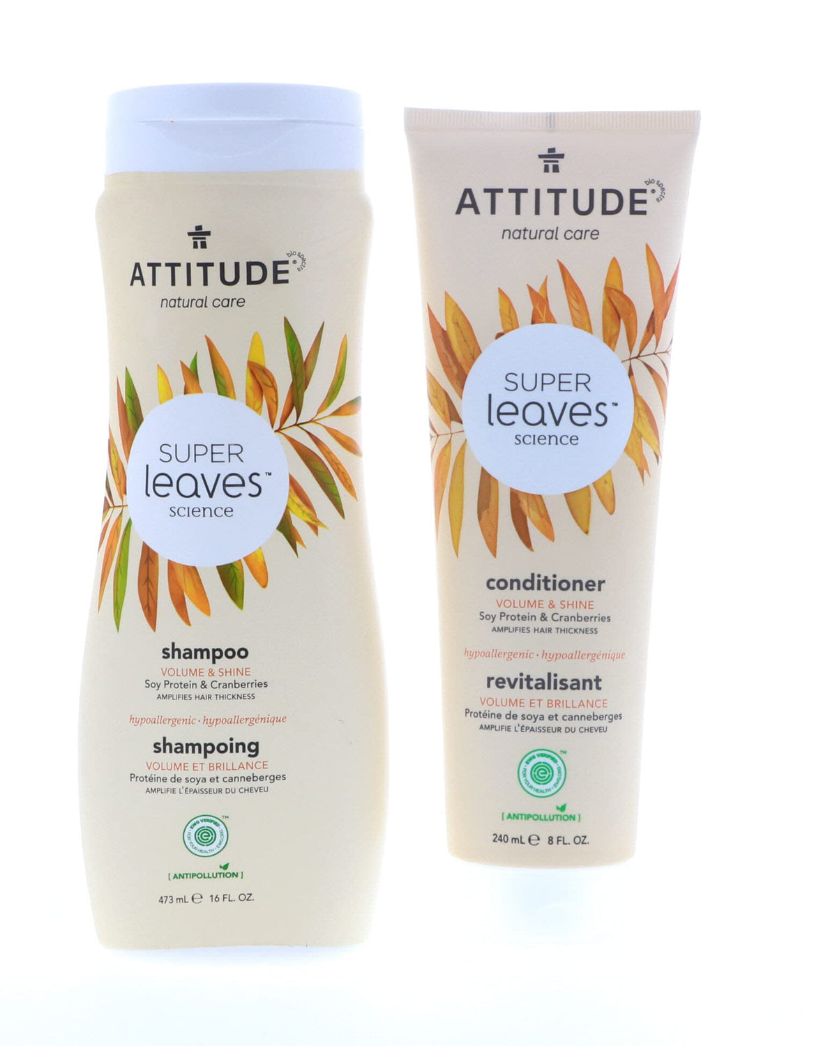 ATTITUDE Super Leaves Volume Shine Shampoo bottle with cranberry extract for volumized, shiny hair.