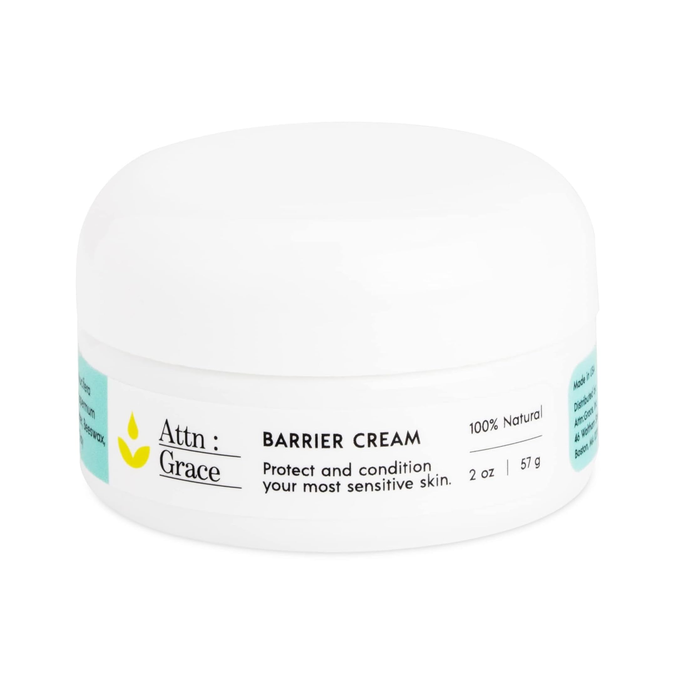 ATTN : GRACE Barrier Cream jar showing coconut oil for nourished skin and protection.