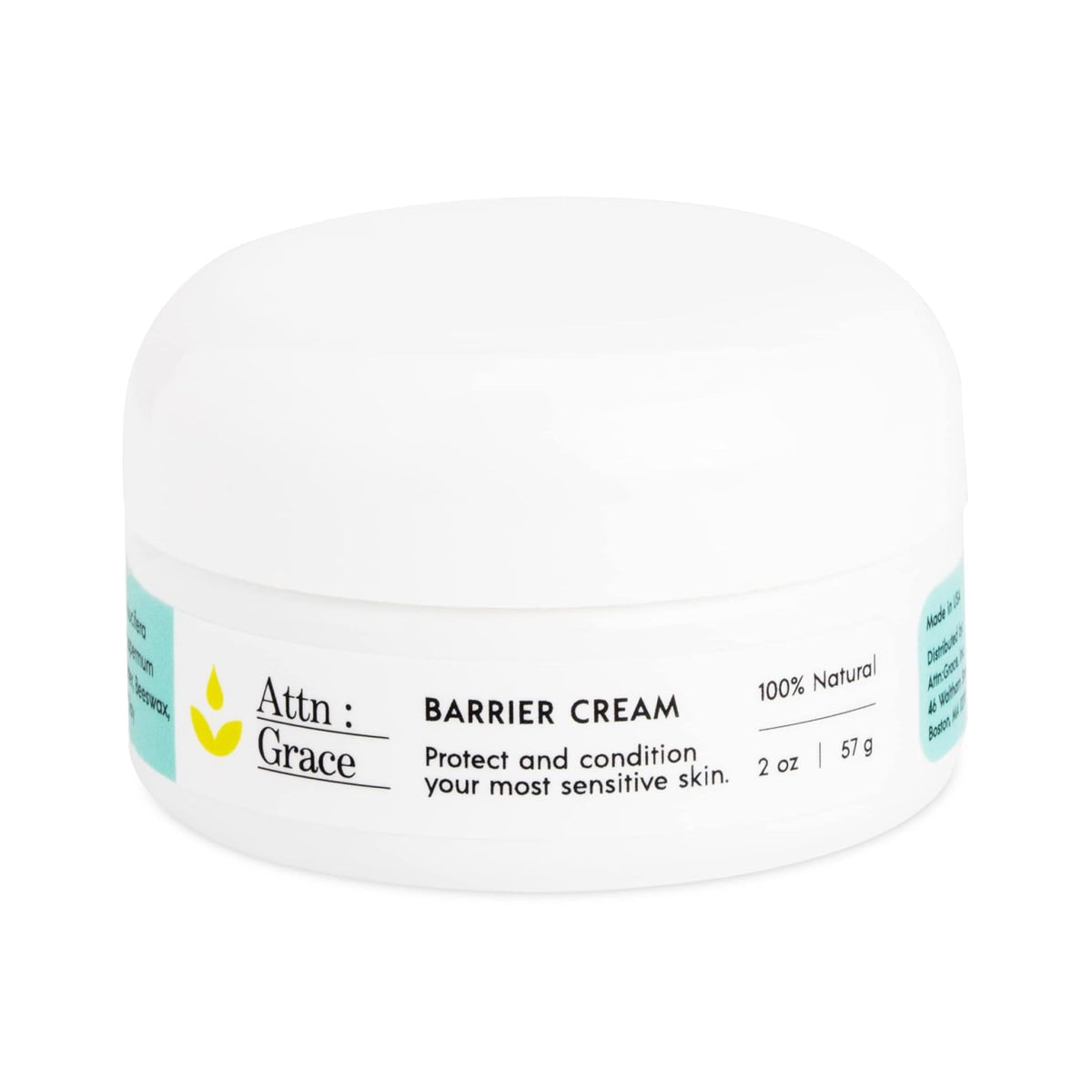 ATTN : GRACE Barrier Cream jar showing coconut oil for nourished skin and protection.