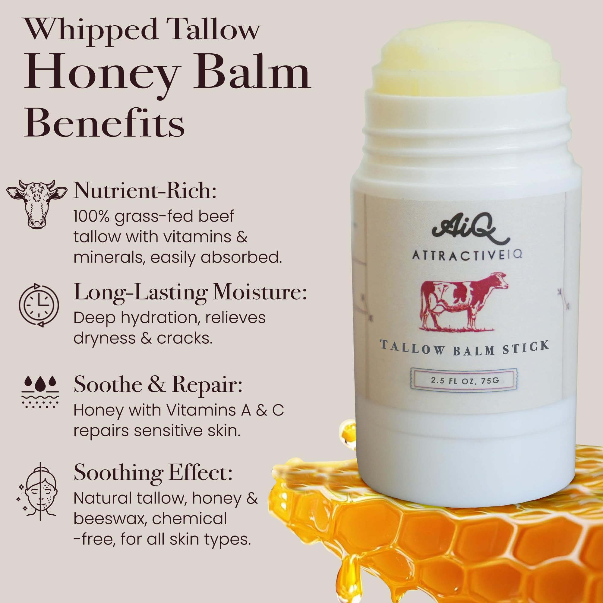 AttractiveIQ beef tallow jar shows organic ingredients for nourished glowing skin.