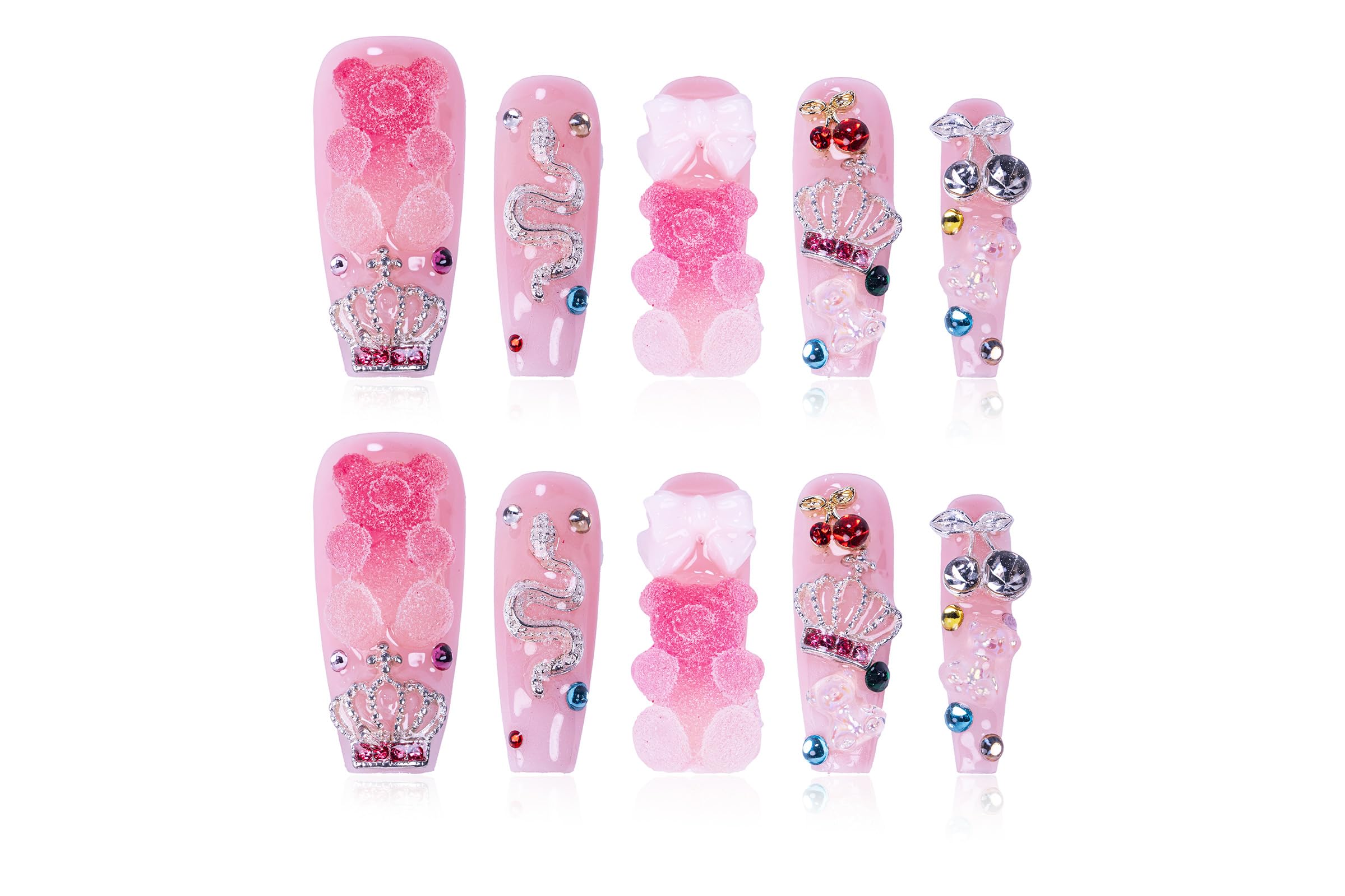 Atuhua 24Pcs handmade press-on nails with 3D pink crystals for a salon-like finish