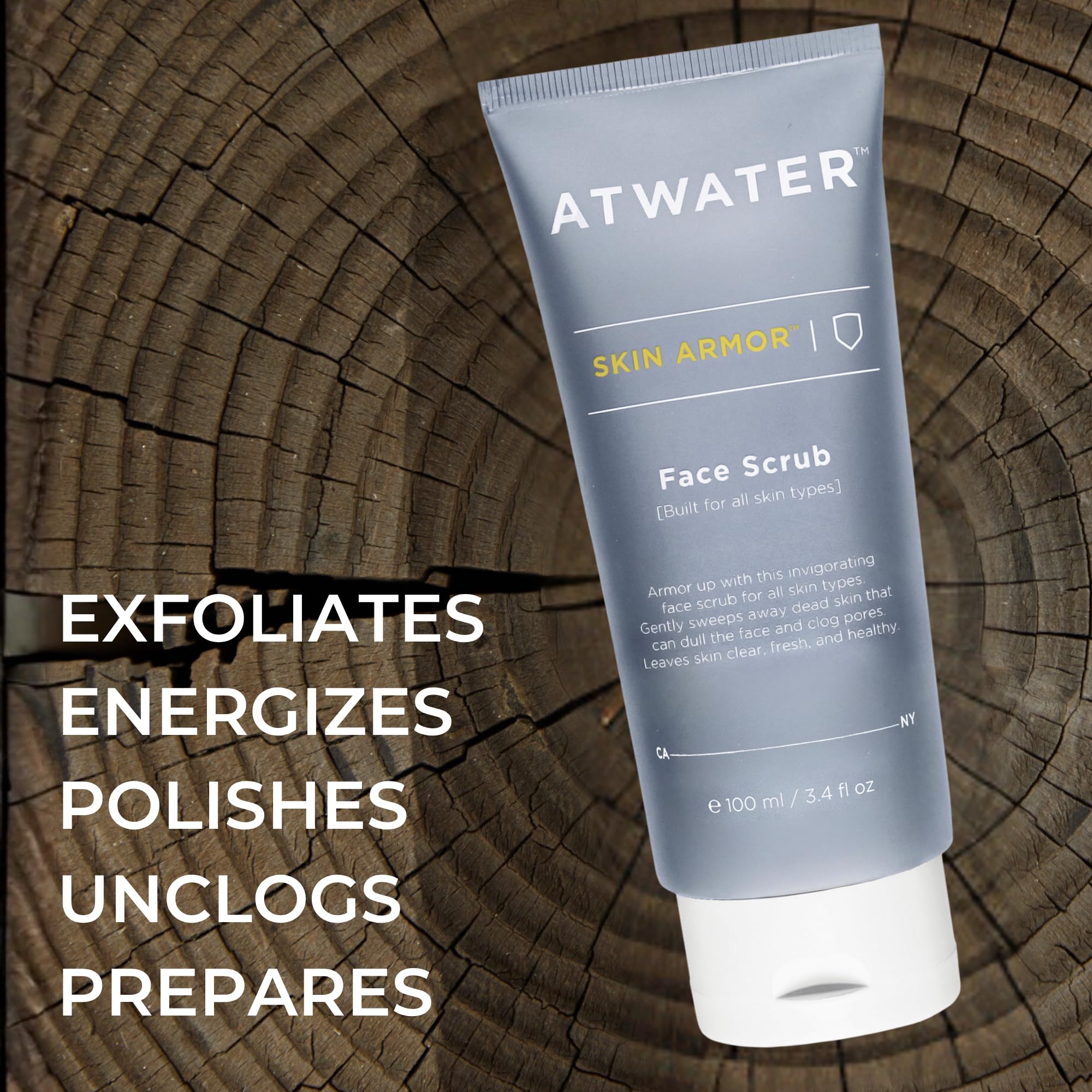 ATWATER Skin Armor exfoliating scrub ingredients closeup highlighting salicylic acid and chlorophyllin copper complex.