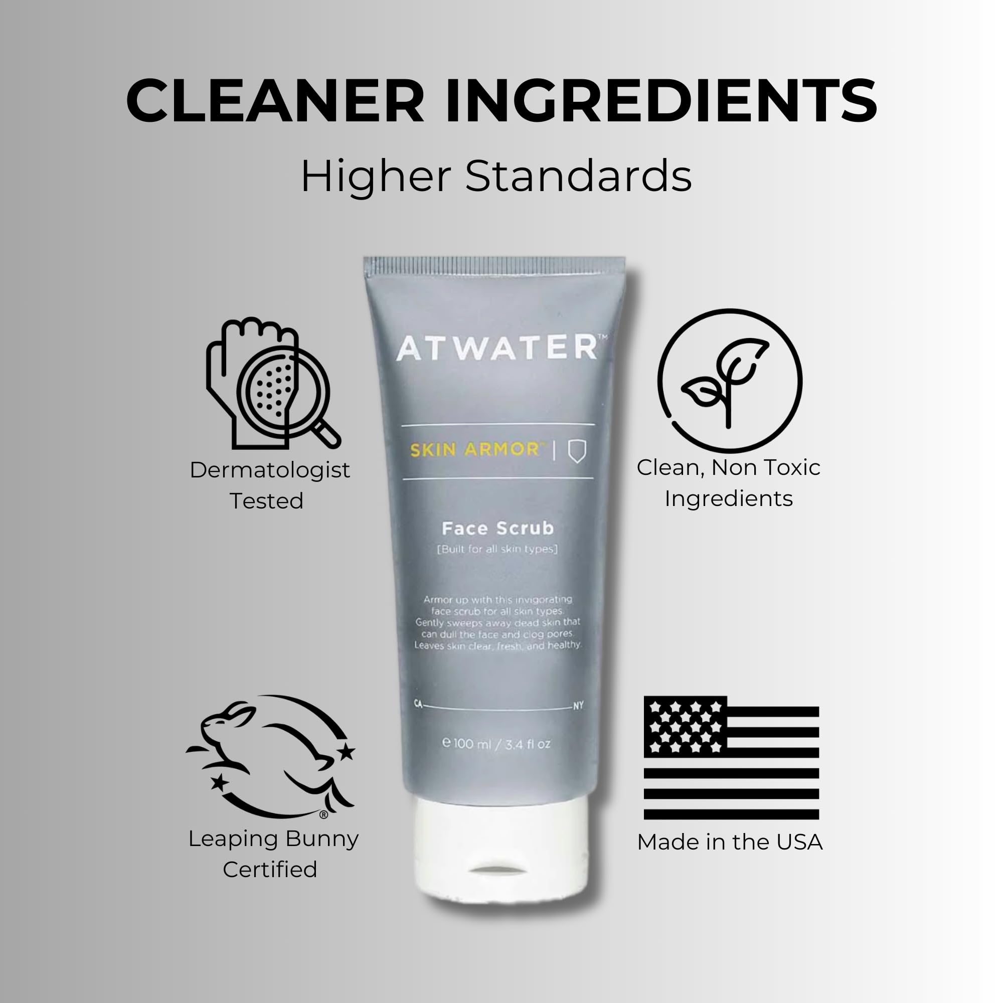 ATWATER Skin Armor exfoliating scrub tube beside towel to support daily skincare.