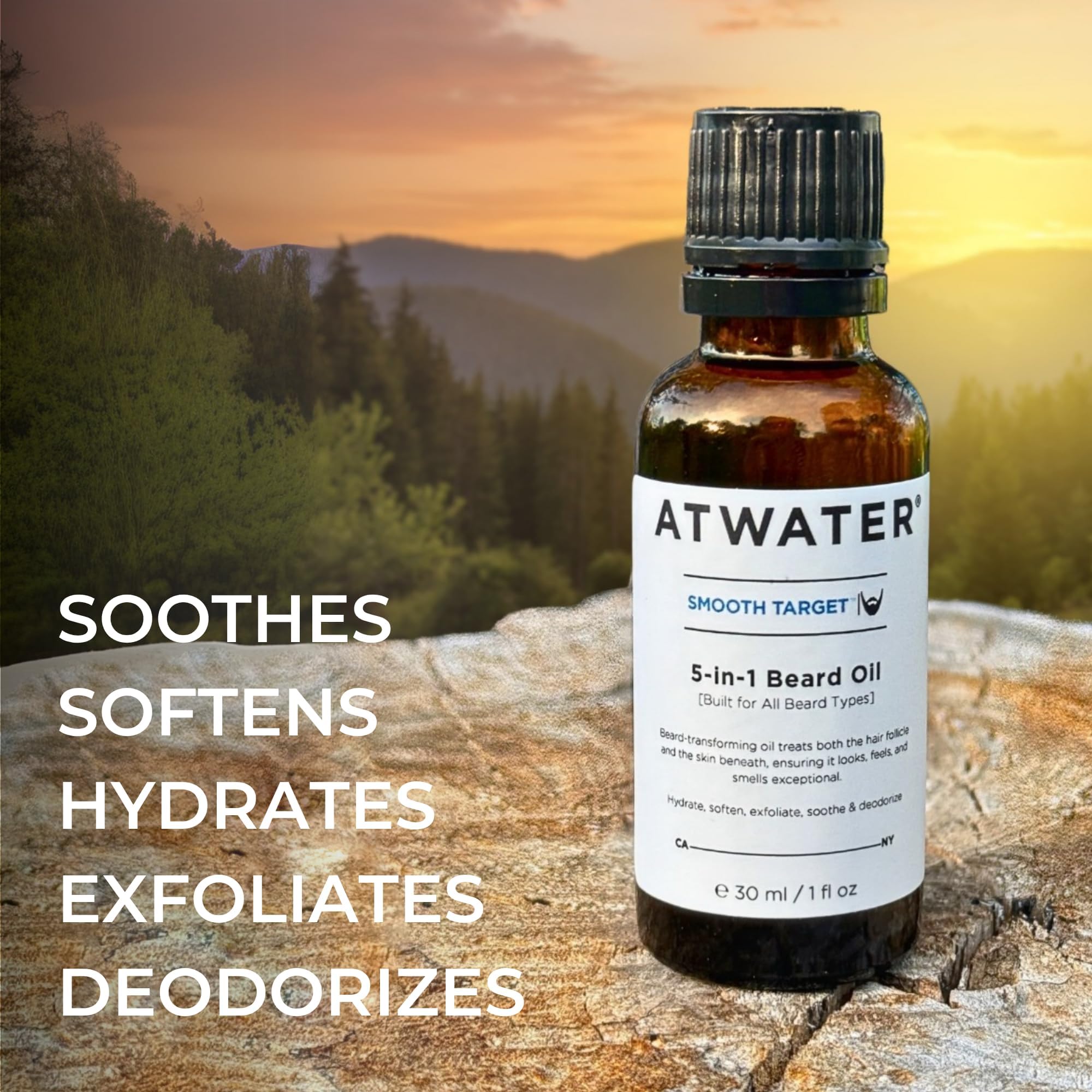 ATWATER beard oil droplets warmed for quick absorption and softness.