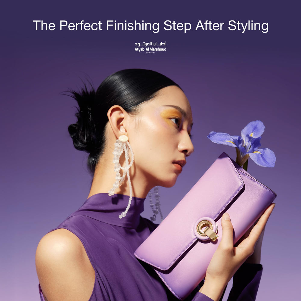 ATYAB AL MARSHOUD Khisla Violet Hair Mist label detail showing heritage.