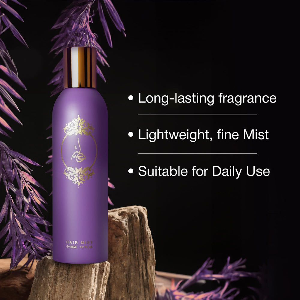 ATYAB AL MARSHOUD Khisla Violet Hair Mist spray action delivering instant refreshment.