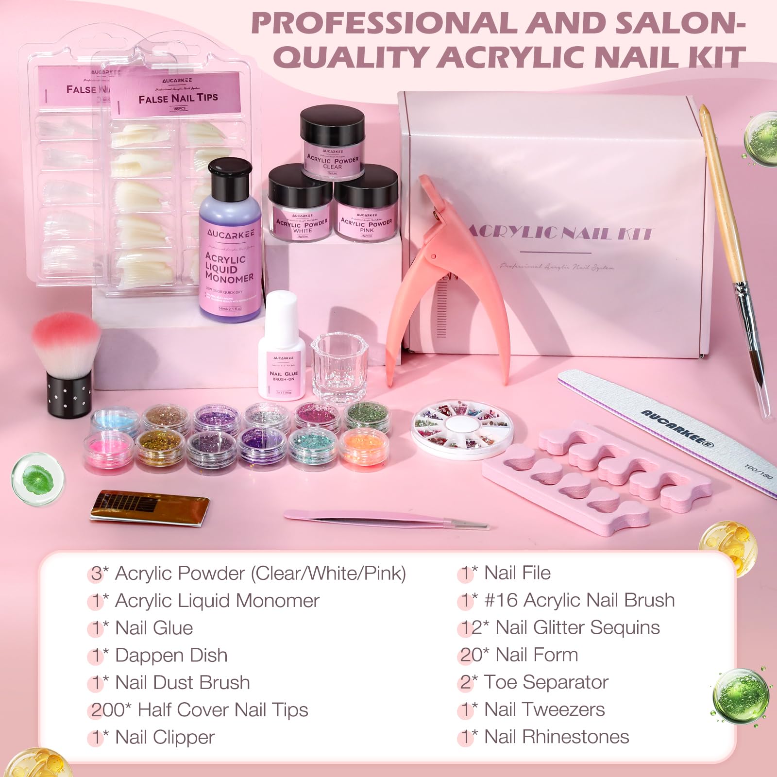Aucarkee kit includes rhinestones, glitter, and stickers for personalized nail art