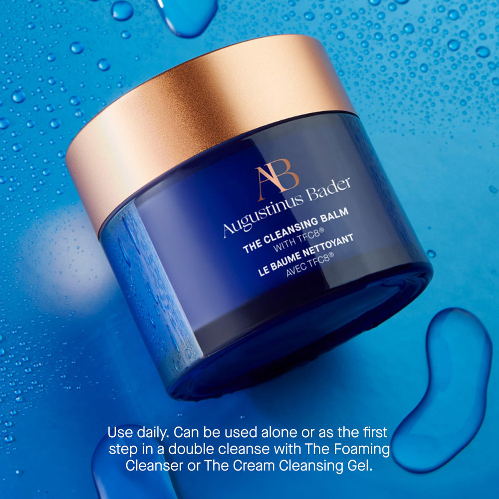 Augustinus Bader cleansing balm glow shot hints at a fresh complexion.