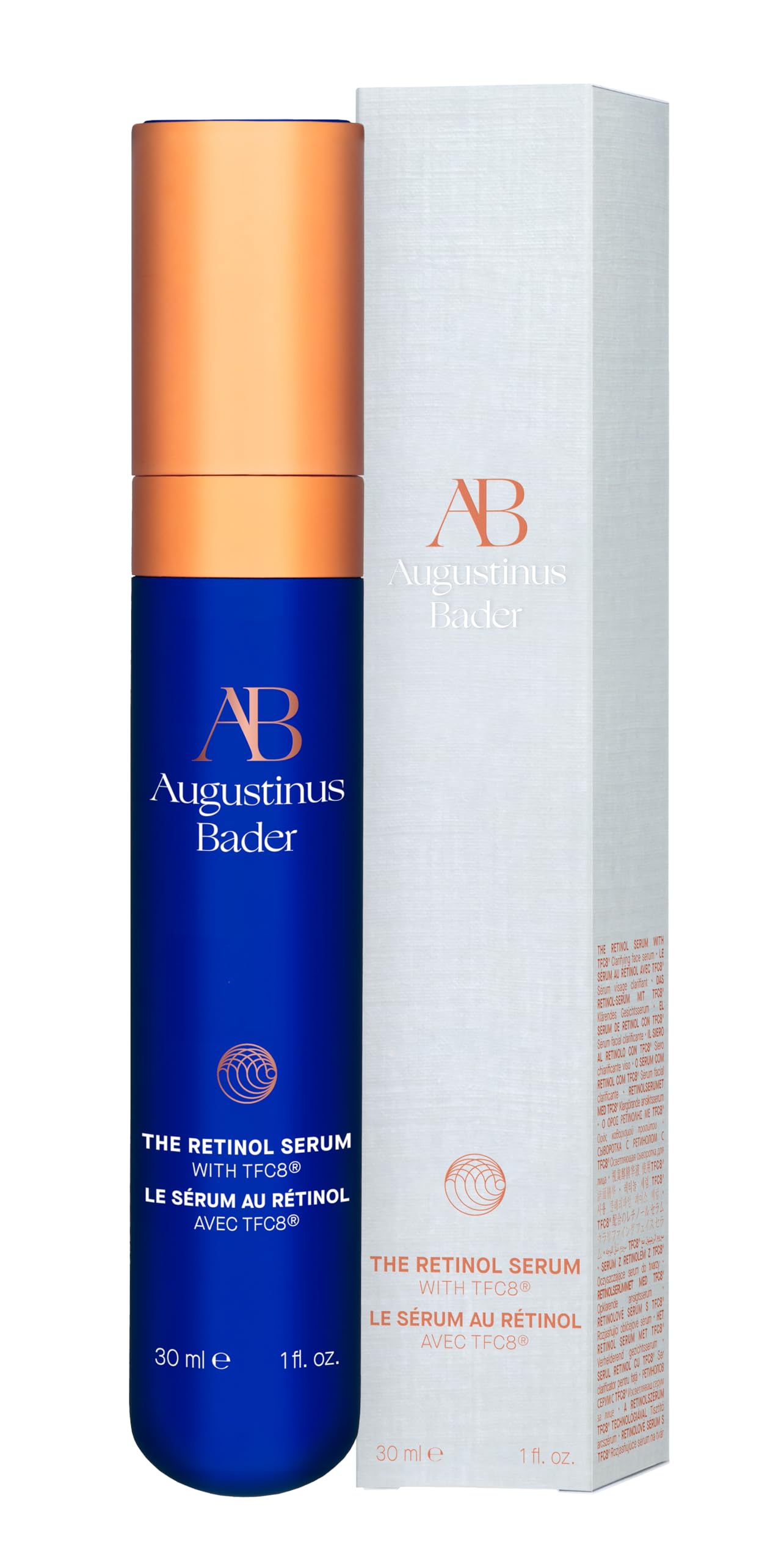 Augustinus Bader Retinol Serum full product view conveys compact luxury skincare ritual