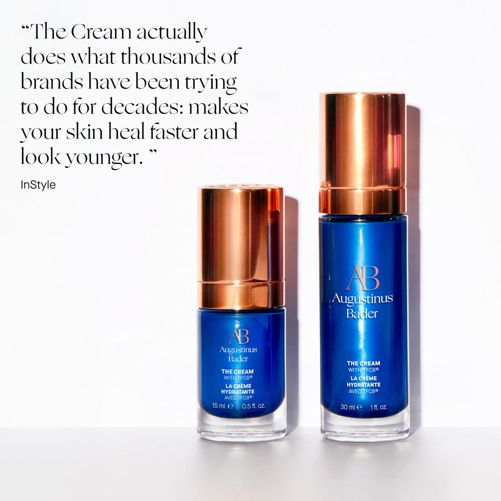 Augustinus Bader The Cream packaging on display conveys luxury skincare experience.