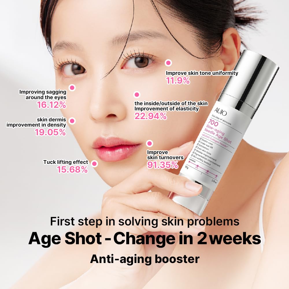 AUIO Age Shot 700 Essence texture close-up shows silky serum ready for application.