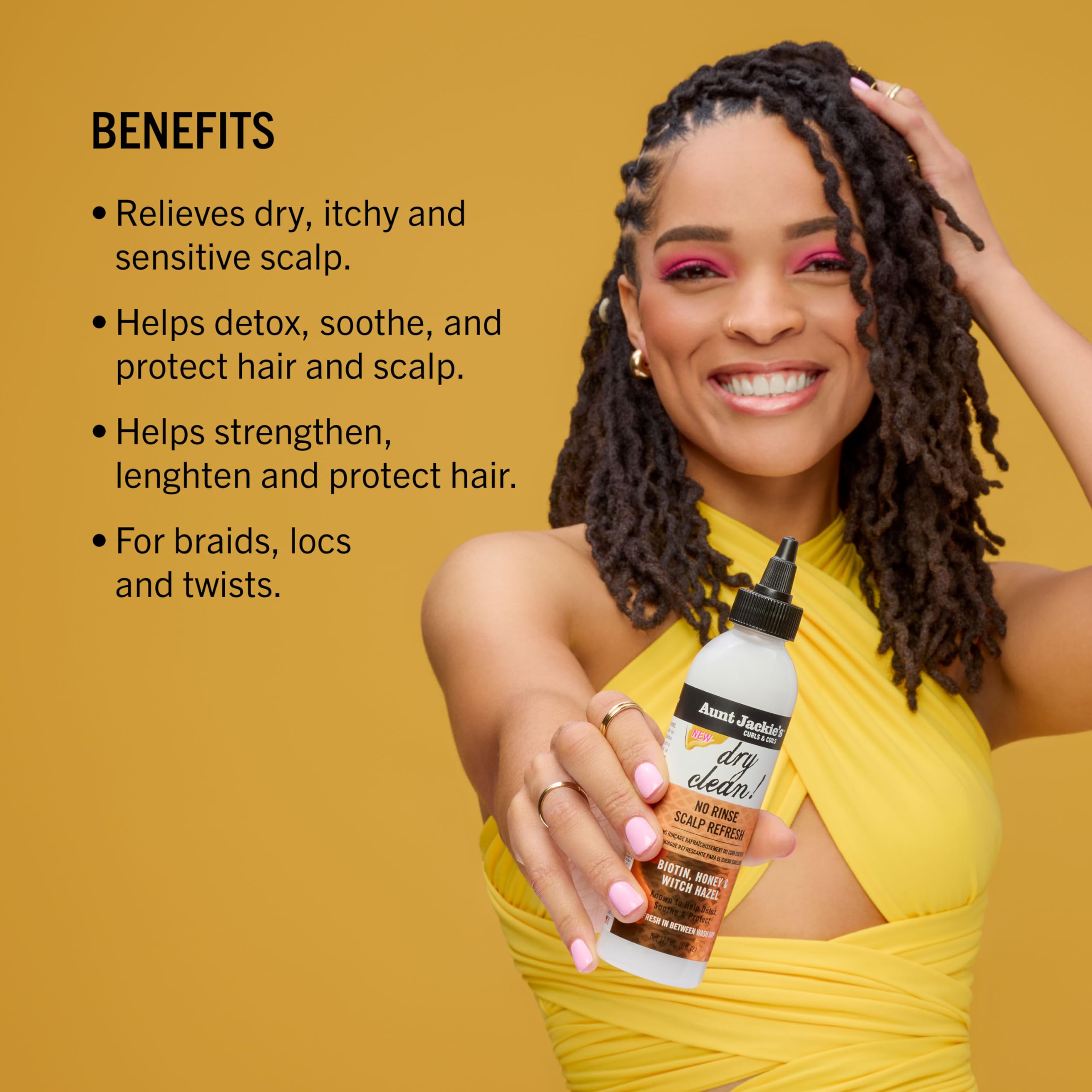Aunt Jackie's Biotin Honey Strengthen Moisturize Scalp bottle supports moisture retention and shine
