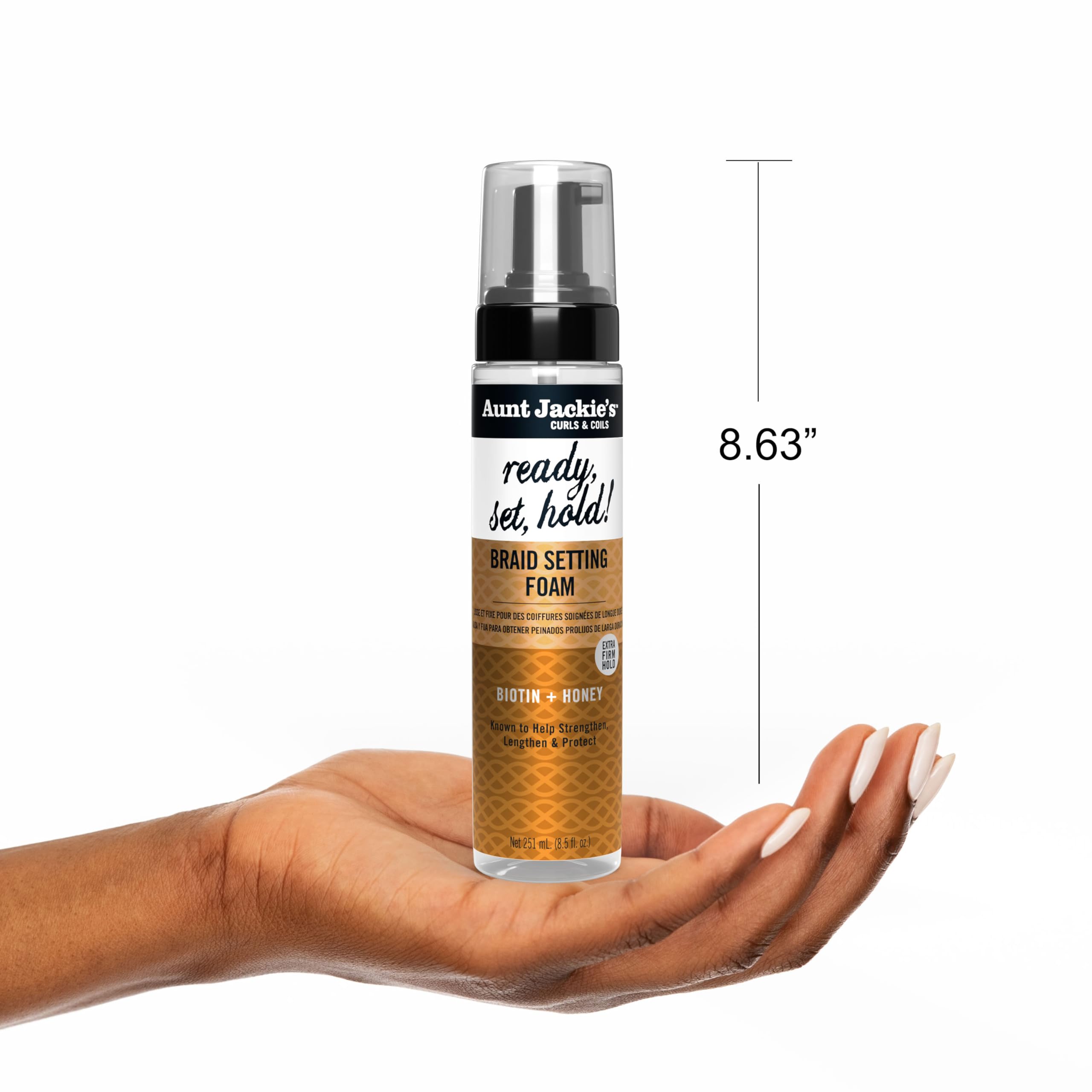 Aunt Jackie's Honey Biotin benefits in action for strength and moisture.