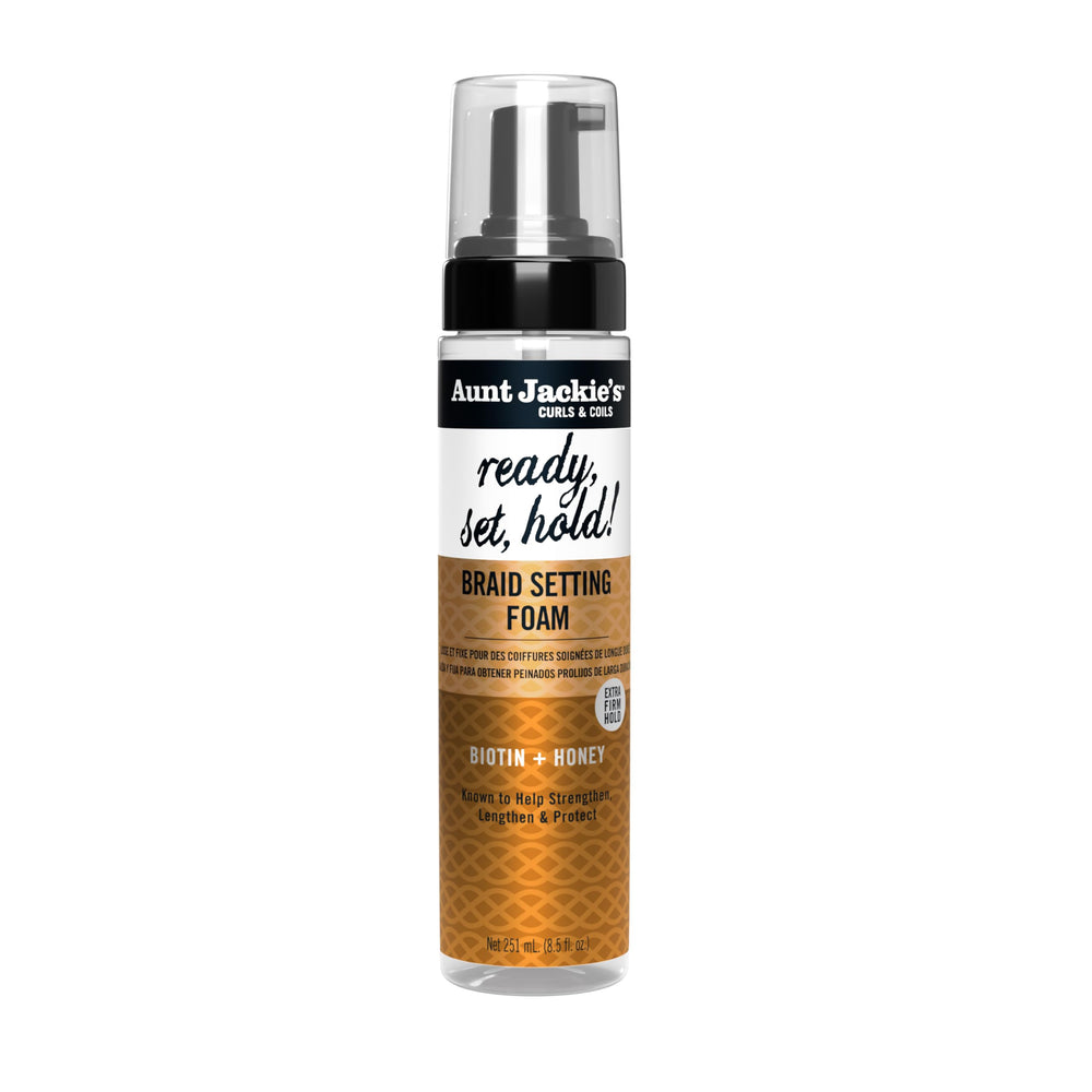 Aunt Jackie's Ready, Set, Hold bottle ready for braid styling with extra firm hold.