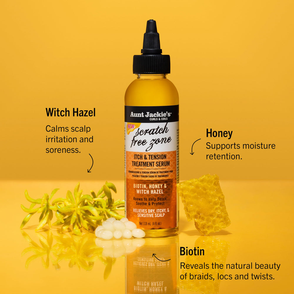 Aunt Jackie's Scratch Free Zone serum bottle for soothing scalp during protective styles.