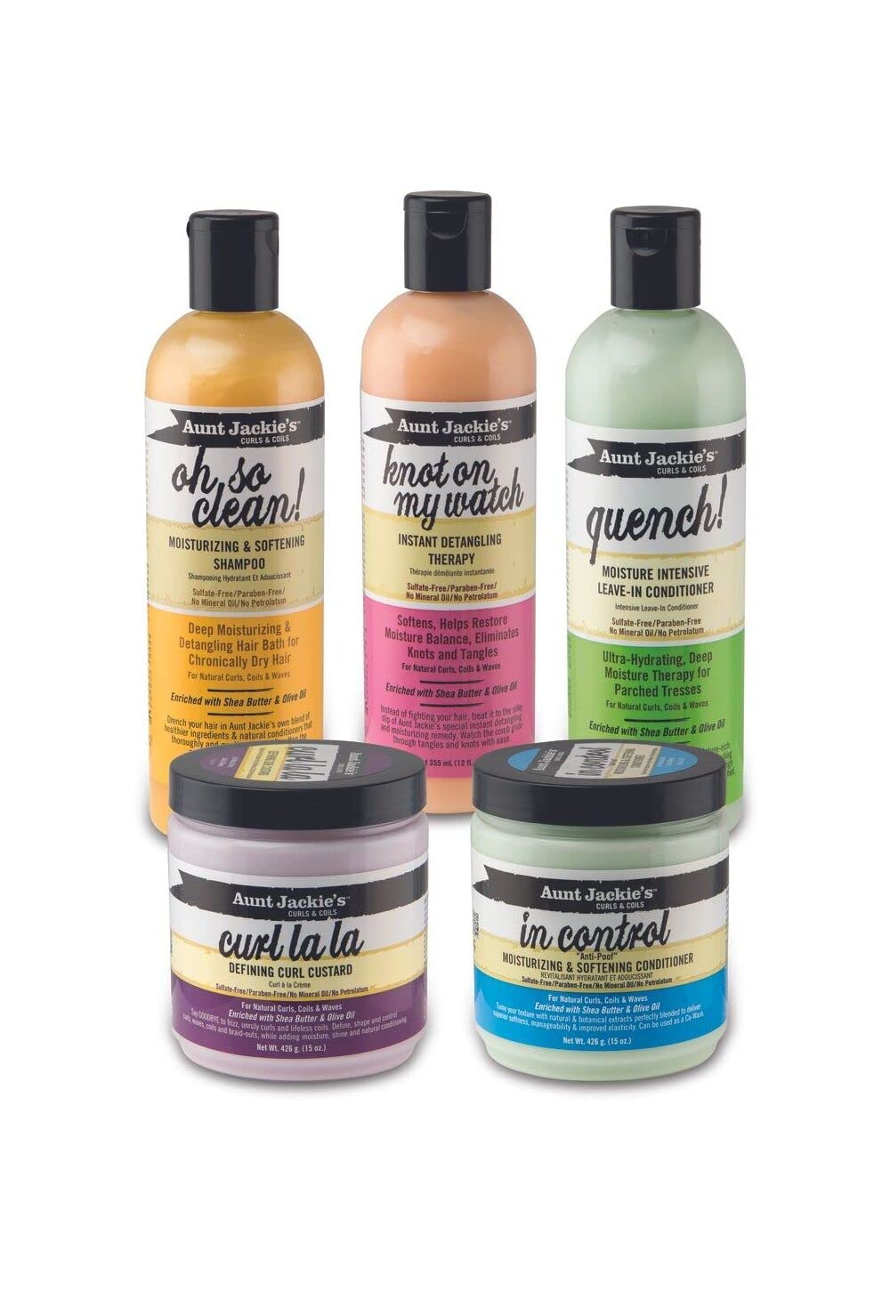 Aunt Jackie's bundle all-5-products hydrates and defines all hair textures.