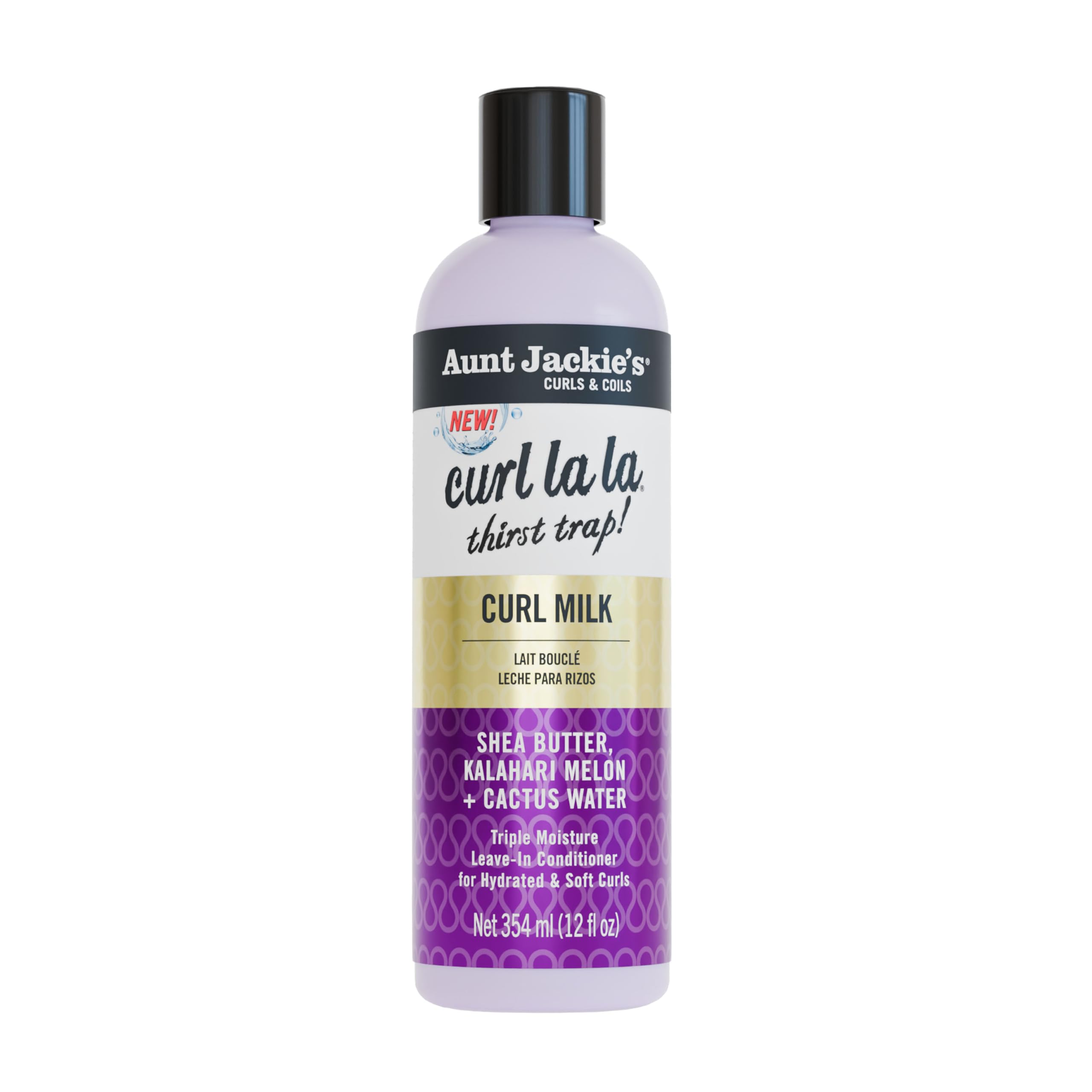 Aunt Jackie's Curl La La Milk bottle closeup showing creamy hydration for detangling prep