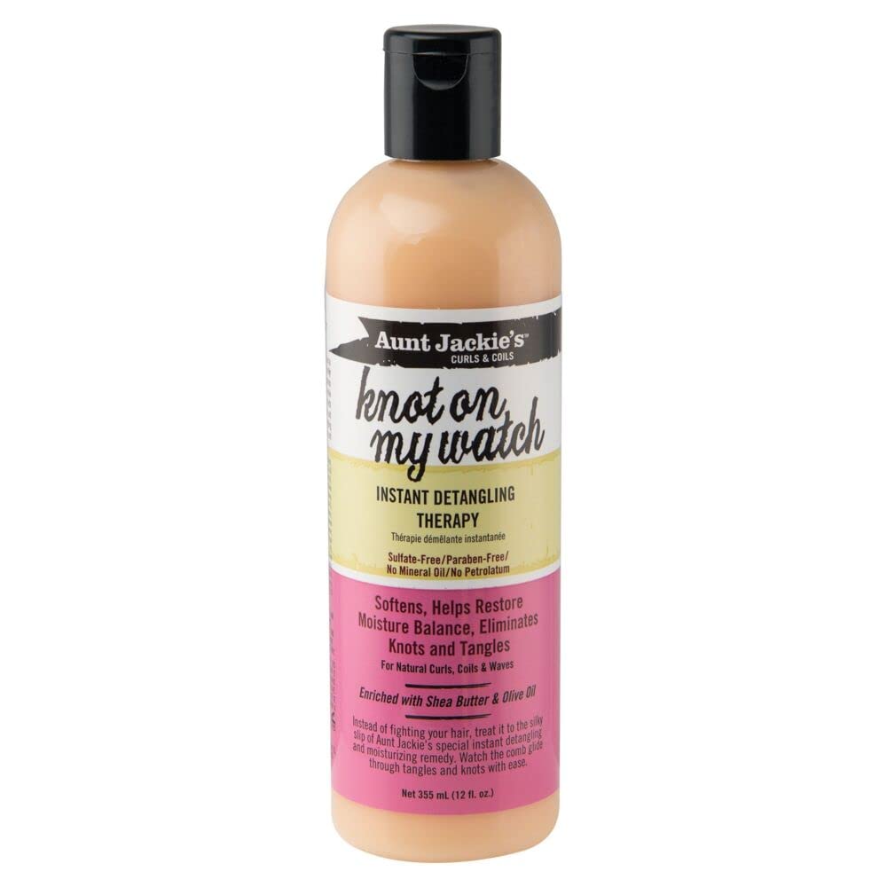 Aunt Jackie's knot-on-my-watch-detangler smooths knots for quick styling.