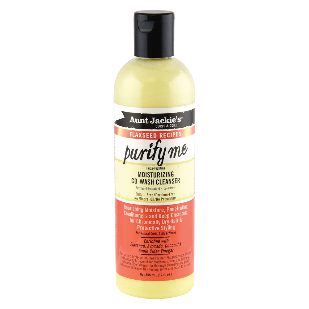 Aunt Jackie's Purify Me Co-Wash bottle on a bathroom shelf for daily cleansing and hydration.