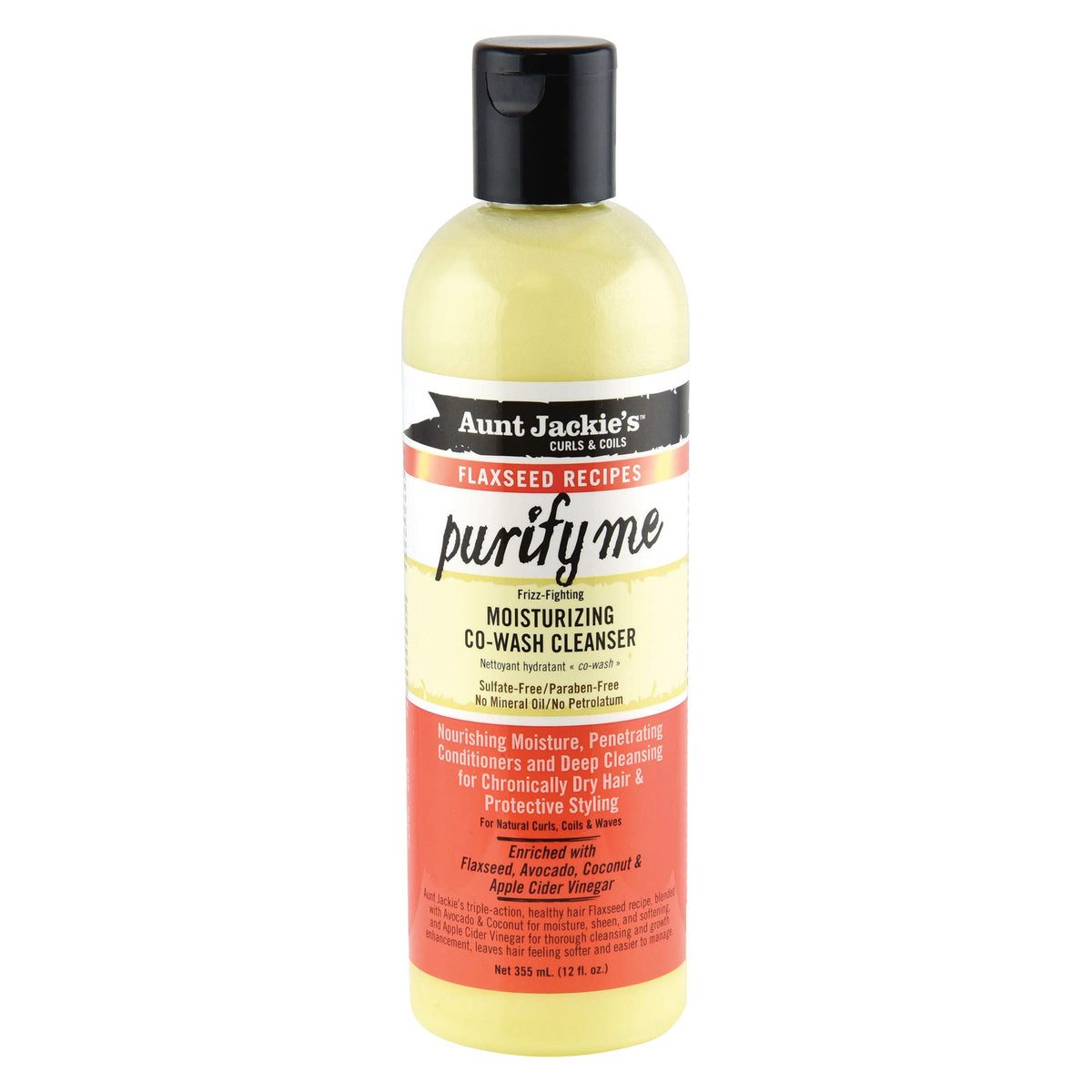 Aunt Jackie's Purify Me Co-Wash bottle on a bathroom shelf for daily cleansing and hydration.