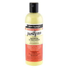 Aunt Jackie's Purify Me Co-Wash bottle on a bathroom shelf for daily cleansing and hydration.
