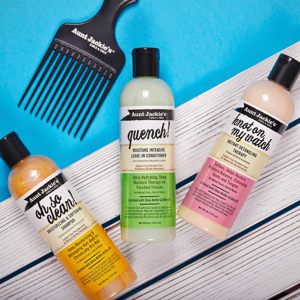Morning routine scene featuring wash day and leave-in application.
