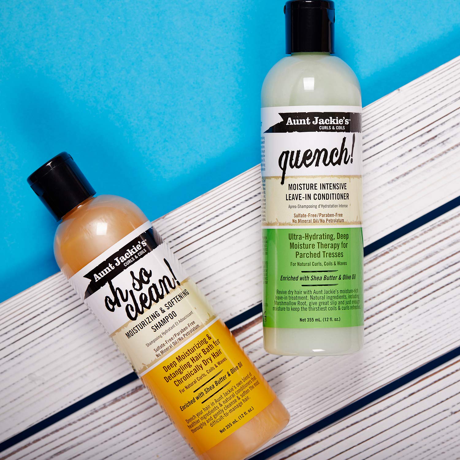 Packaging of Aunt Jackie's Quench Moisture Leave-In on bathroom shelf.