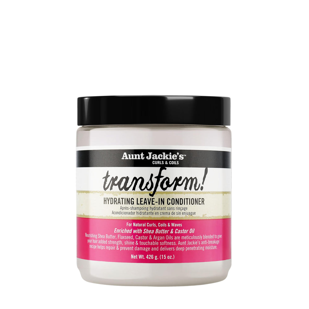 Aunt Jackie's Transform leave-in cream jar shows rich moisture for dry hair.