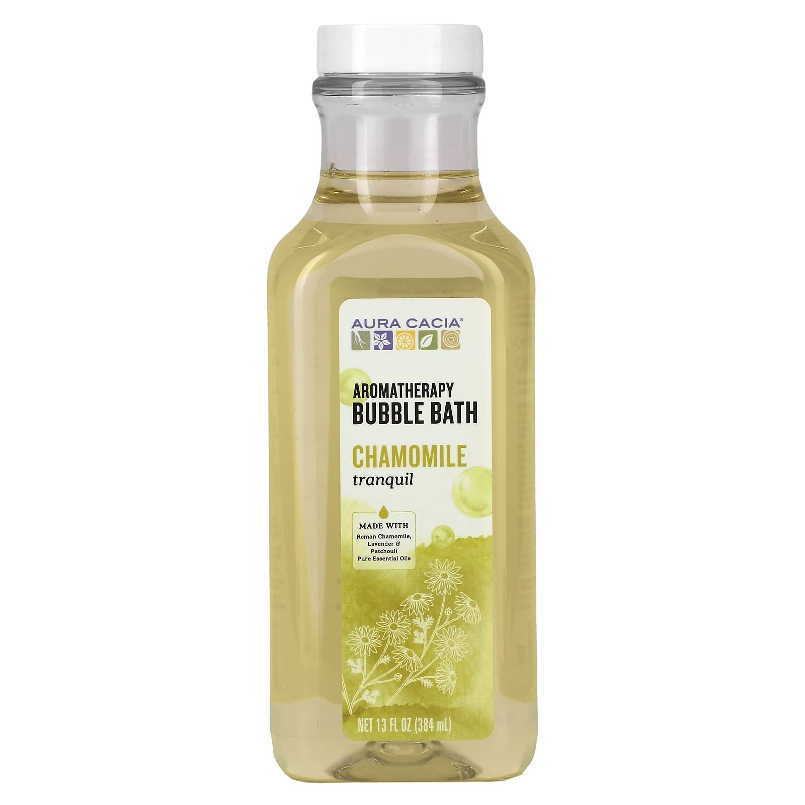 Aura Cacia Bubble Bath Chamomile Tranquil bottle ready to pour for relaxation.