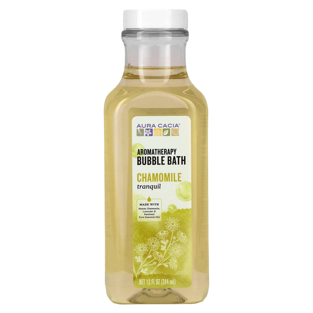 Aura Cacia Bubble Bath Chamomile Tranquil bottle ready to pour for relaxation.