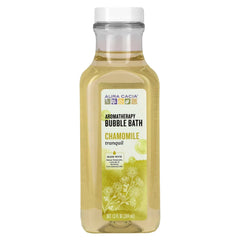 Aura Cacia Bubble Bath Chamomile Tranquil bottle ready to pour for relaxation.