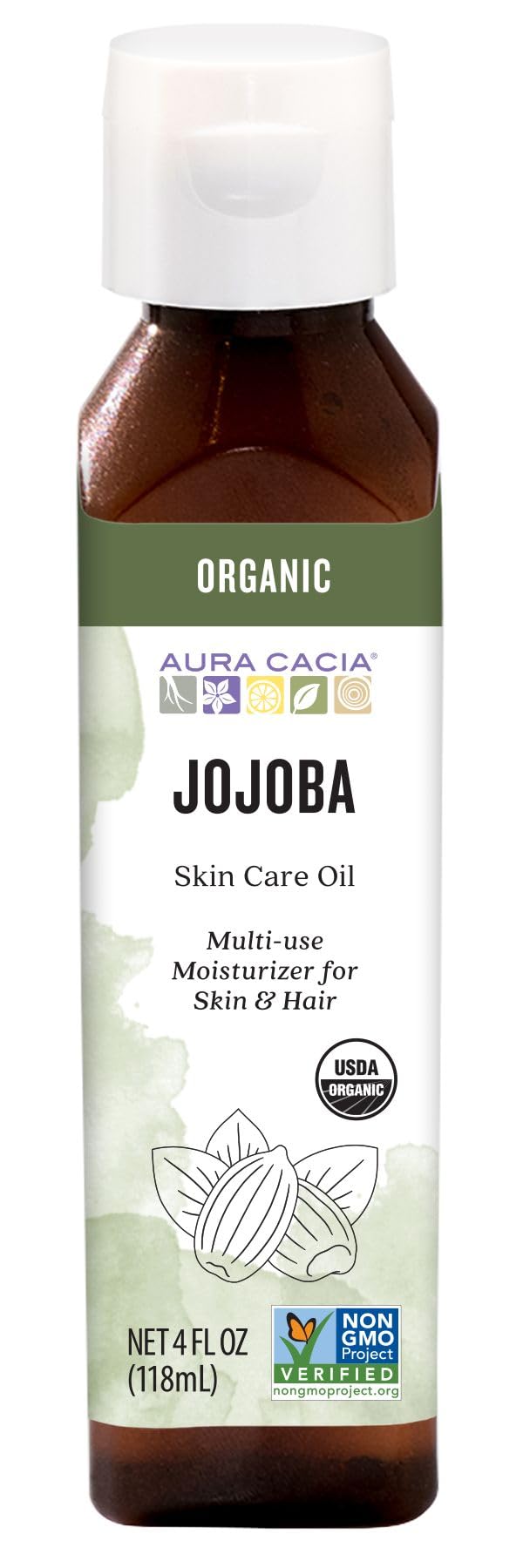 Aura Cacia Jojoba Oil bottle for sensitive skin and clean beauty blends