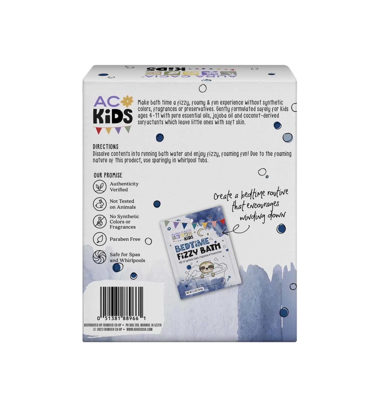 Aura Cacia Kids Bedtime Fizzy Bath Kit dissolving fizz in warm water for a soothing soak.