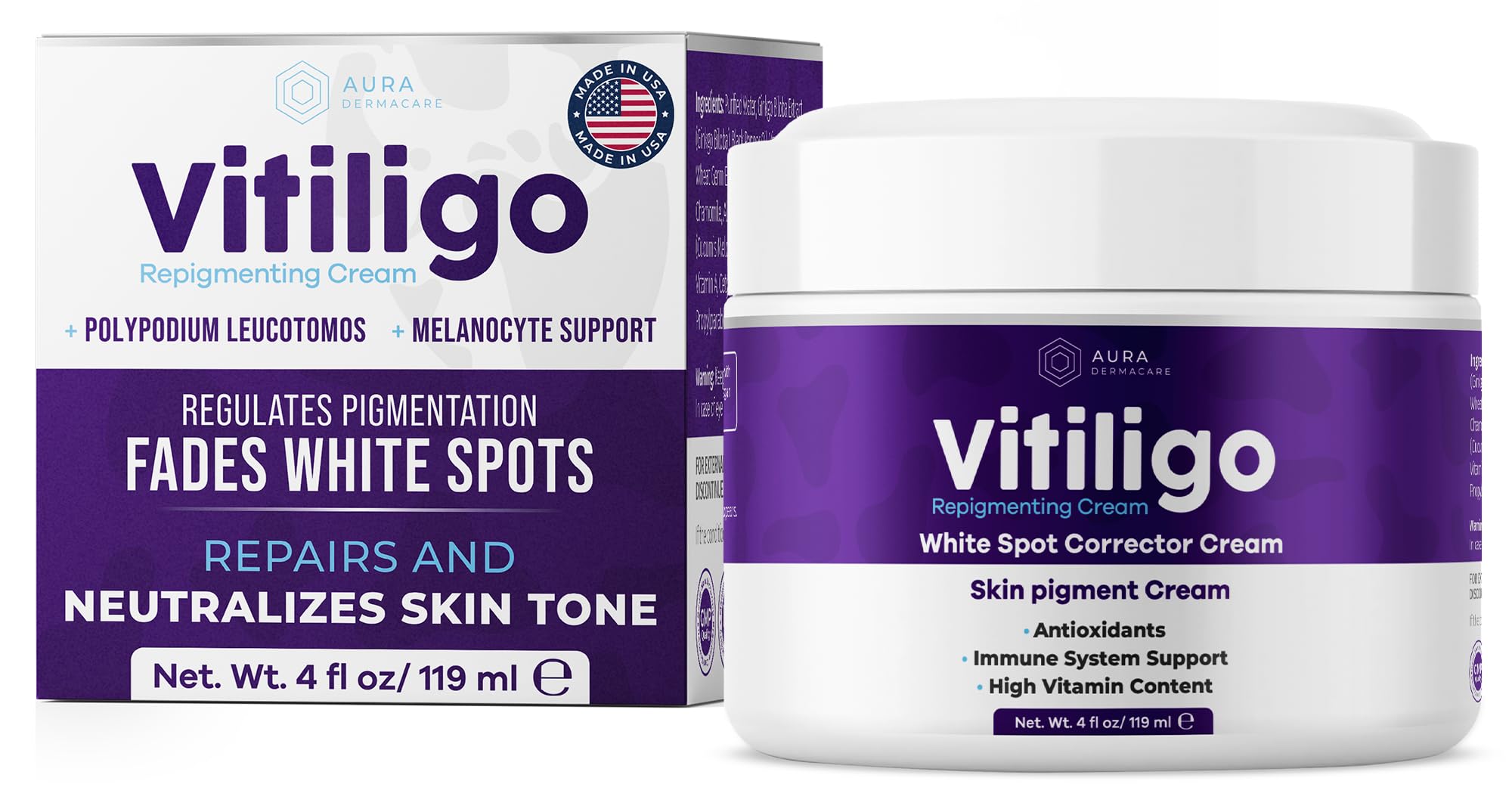 Aura Dermacare Vitiligo Cream bottle close up for smooth application and even skin tone.