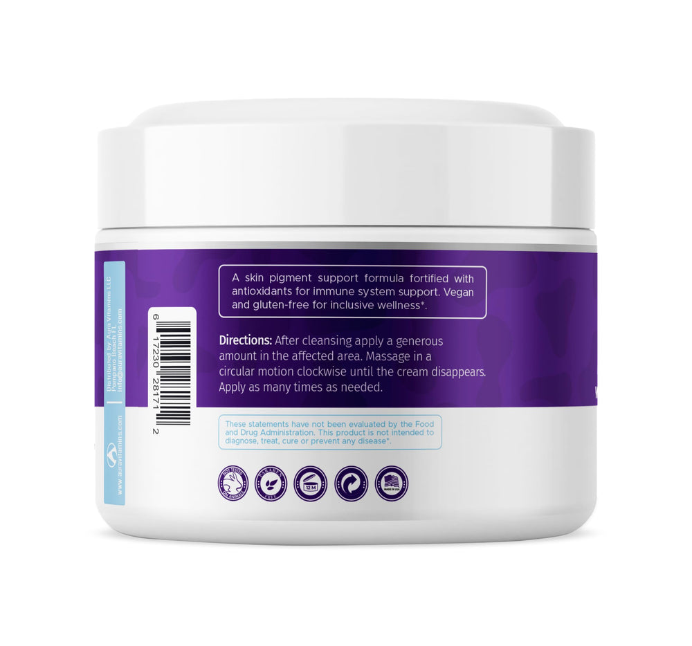 Aura Dermacare Vitiligo Cream label close up emphasizes melanocyte support blend.