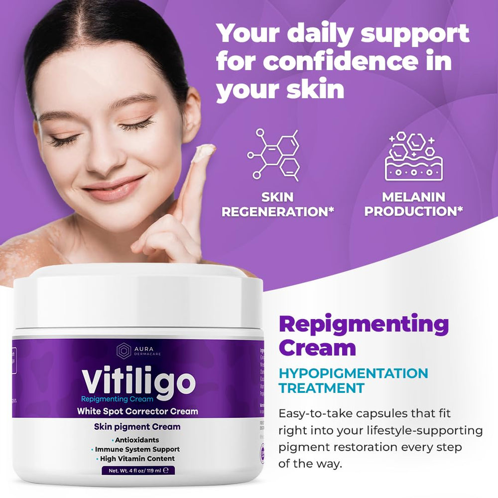 Aura Dermacare Vitiligo Cream tube on countertop showing easy daily use.
