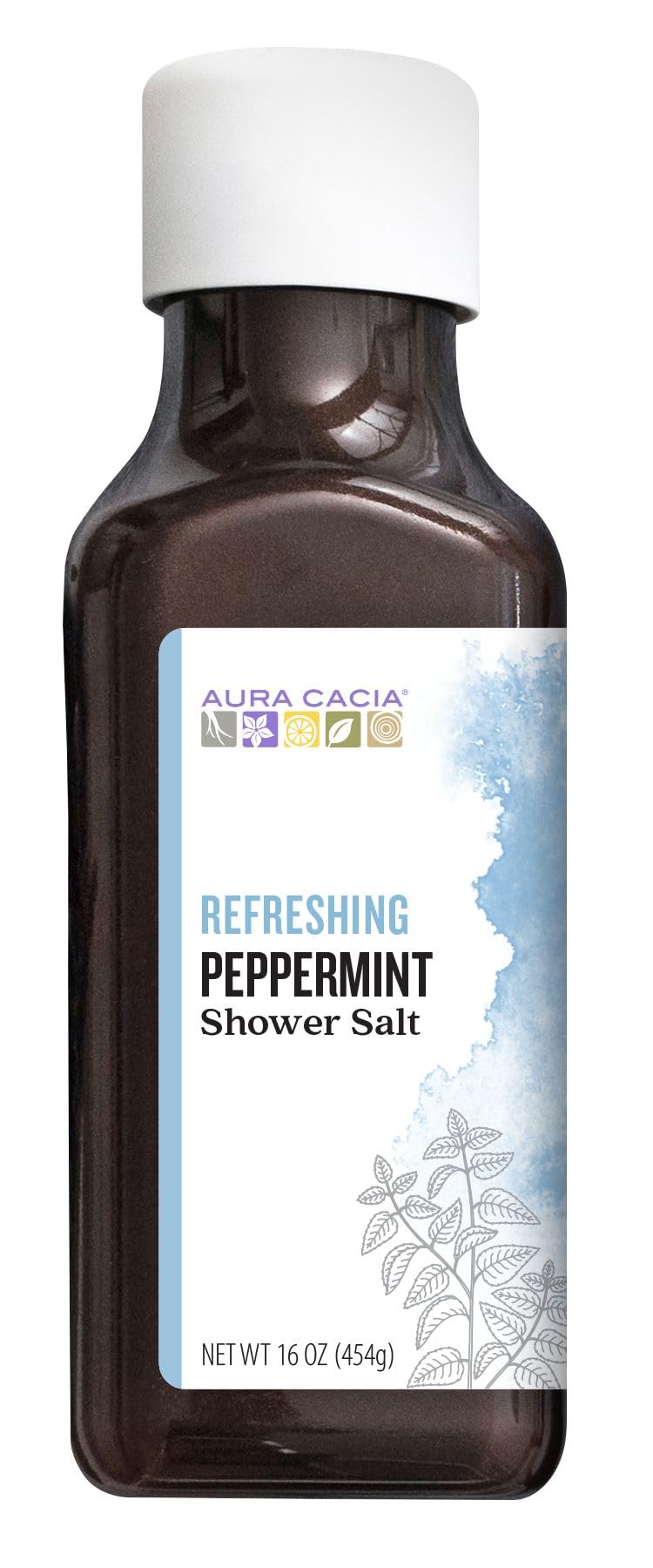 Aura Cacia Peppermint Shower Salts bottle closeup showing natural ingredients and aroma.