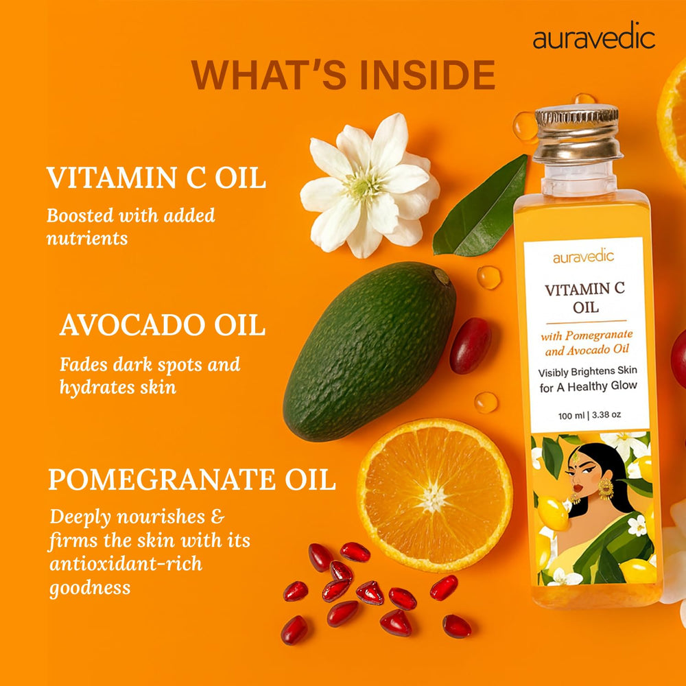 Hands massaging Auravedic Vitamin C Face Oil onto the cheek for a light finish.