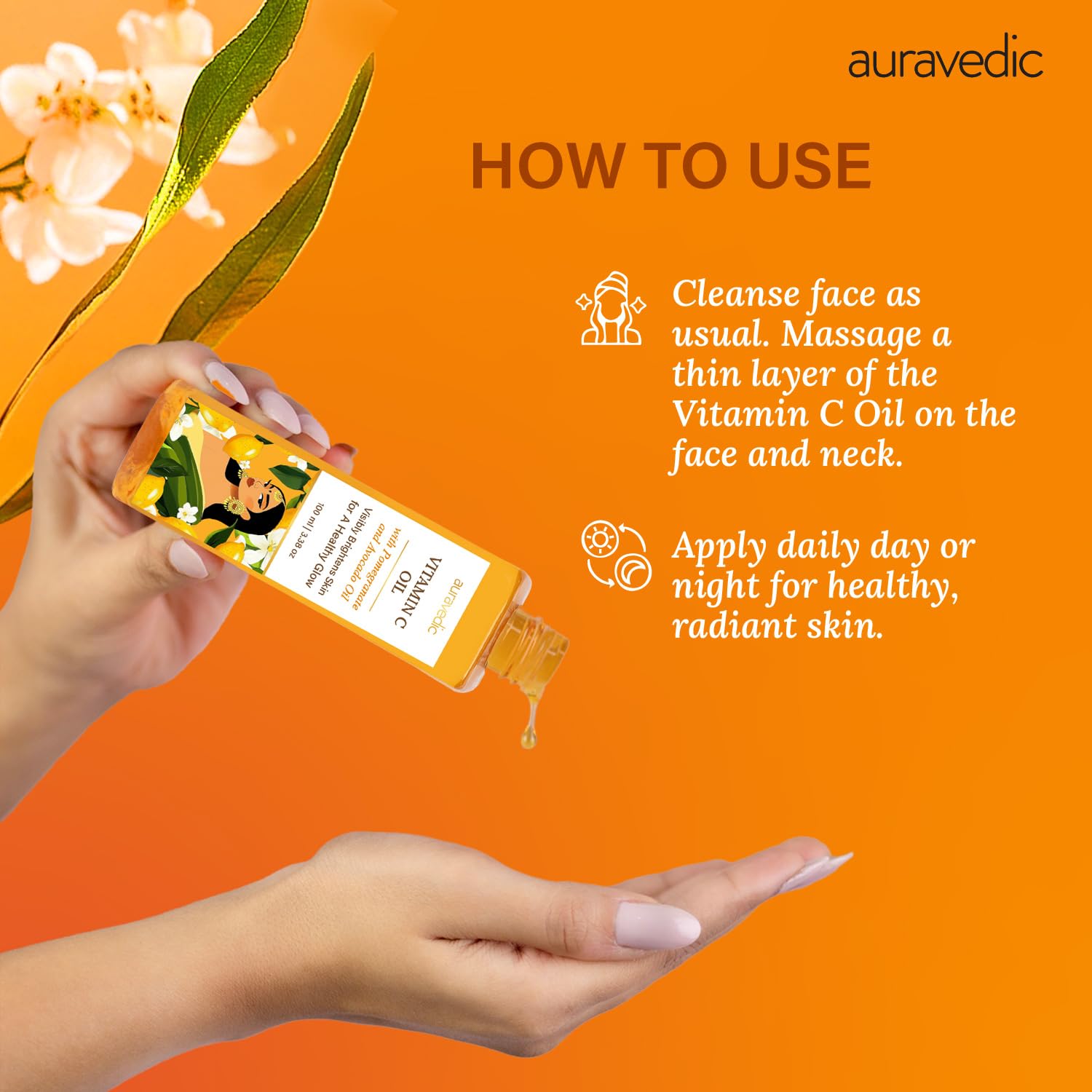 Auravedic Vitamin C Face Oil in a nighttime skincare routine setup.