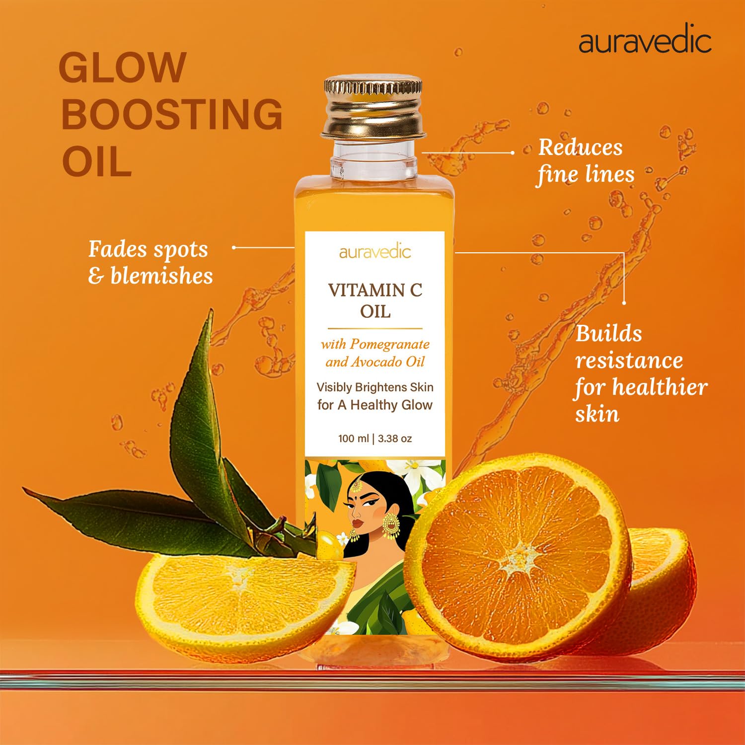 Auravedic Vitamin C Face Oil ingredients close-up highlighting rosehip and avocado.