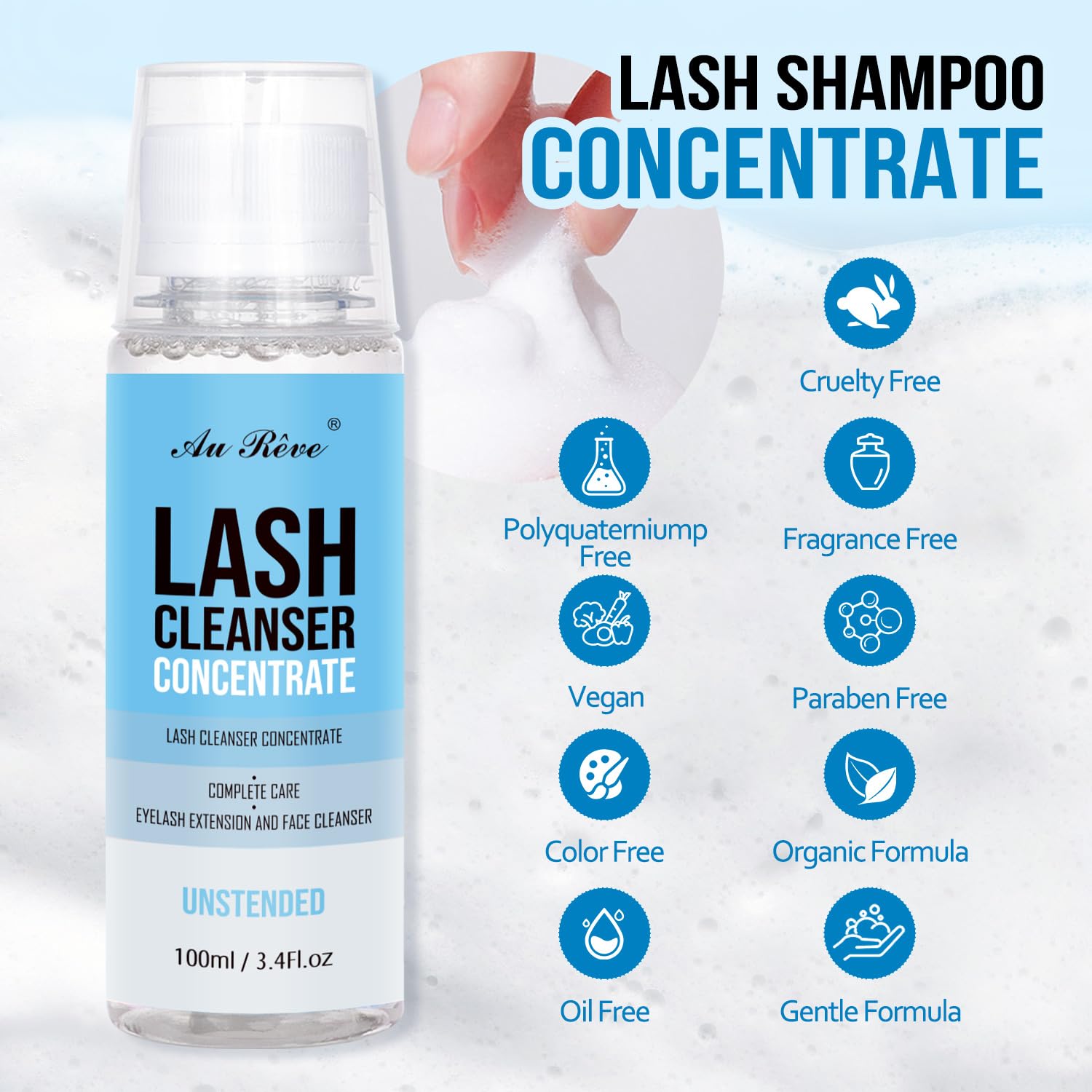 Dilution instructions for turning concentrate into ready-to-use lash cleanser.
