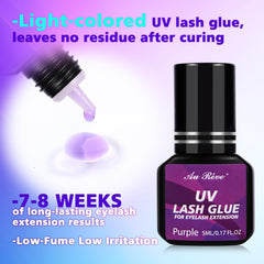 AuReve lash glue application setup shows 1-second cure potential.