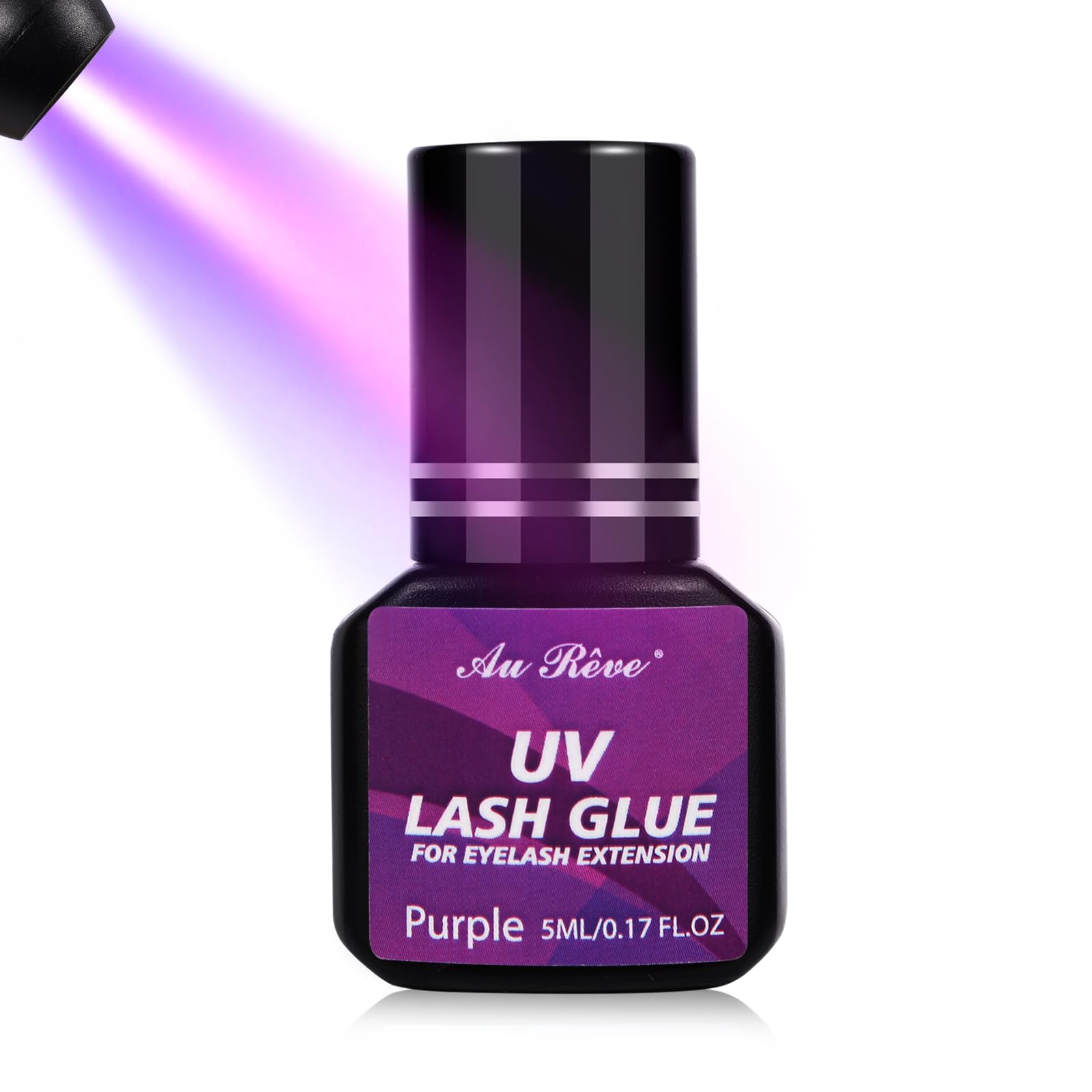 AuReve UV eyelash glue 5ml bottle demonstrates fast bonding for secure lashes.