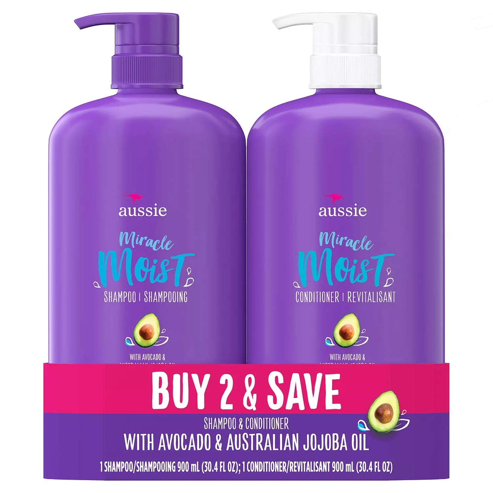 Aussie Miracle Moist shampoo bottle with citrus scent delivering deep hydration.