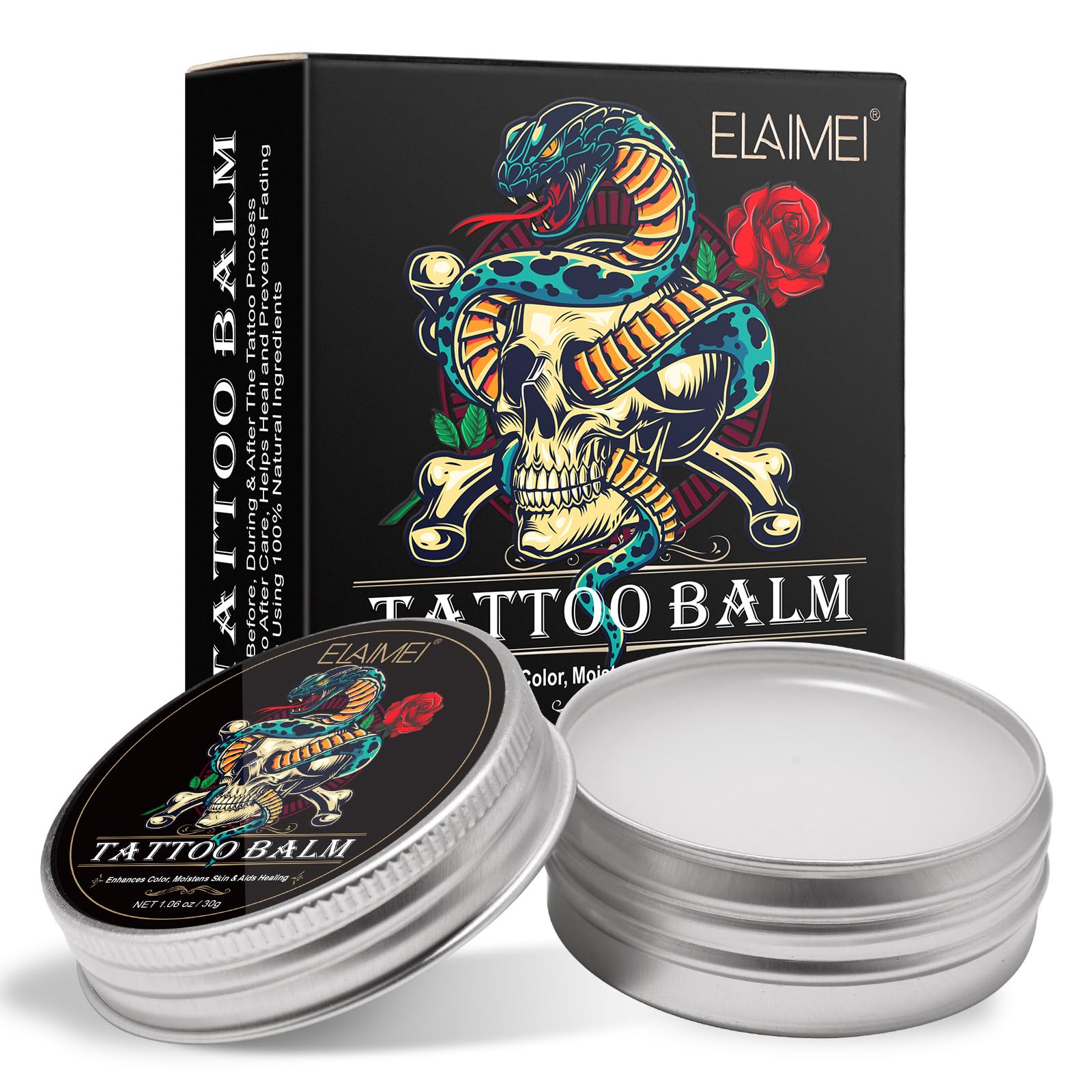 AUSTINE Tattoo Aftercare Butter label close-up, highlighting natural ingredients for gentle healing.